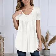 Women's Tunic Summer Tops Blouse Plain Stylish Casual Short Sleeve Crew Neck Long Tops Daily Buttons Eyelet Asymmetrical White Pink Purple Green Light Blue Sum