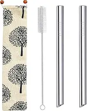 Stainless Steel Boba Straws Extra Wide 12mm Reusable Metal Drinking Straws for Bubble Tea Smoothie Milkshake Jumbo with Carry Bag Cleaner Brush, Sharp Angled Tip Design Silver 2PCS