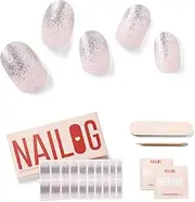 NAILOG Semi Cured Gel Nail Strips (20 Extra Long Polish Stickers/Wraps) | Glossy & Long Lasting Soft Gel Finishing Nail Strips | Pink & Silver Glitter