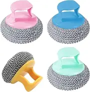 Dish Scrub Brush -Stainless Steel Scourers | Wool Scrubber Tool For Cleaning Dishes Scrubbing Scouring Brush Pad | Pot Scrubber Kitchen Cleaning Brush | 4X Non-Scratch Short Handle Scouring Brush Pad,