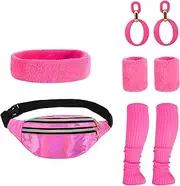 [Chienc] Waist Packs - 80s Retro Neon Fanny Pack Set - Sporty Accessory with Earrings, Bracelet, Leg Warmers - Perfect Costume for Workouts, Dance Parties, Retro Lovers, Hot Pink