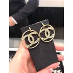 二手正品 CHANEL 香奈兒淡金色大圓圈鏈條雙C圓形鑲水鉆掛勾耳環耳