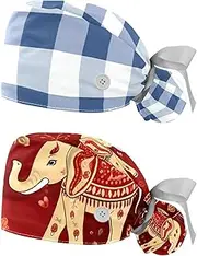 [YTYVAGT] 2-Pc,Nurse Scrub Caps,Scrub Hats with Buttons and Cotton Sweatband,Blue White Plaid