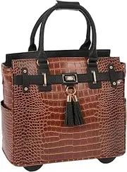 JKM & Company LESS THAN PERFECT Rolling Laptop Bag for Women | Designer Wheeled Briefcase | Fits 13-17" Laptops | Office Travel Computer Case (Manhattan), Brown/Black, 15.5” H x 10” W/D x 16.5” L