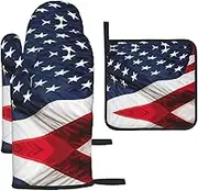 American Flag Print Heat Resistant BBQ Gloves Oven Mitts and Pot Holders Set for Kitchen Baking Set