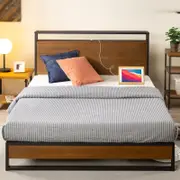 Zinus Double Ironline Bed Frame Wood & Metal Bed Base Headboard Shelf & USB Ports Bamboo