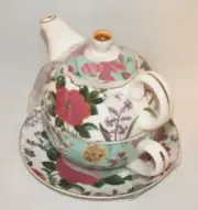 Grace Teaware Tea for One Teapot Cup Saucer Summer Flowers Gold Trim New