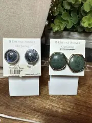 Two (2) Etienne Aigner Silver & Gold Tone Semi-Precious Stone Clip On Earrings