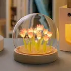 (Thirteen Pink Tulips) Glowing Tulip Dome Lamp - Wooden Base, Bedside Table Dec