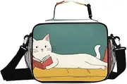 Cat Read Book Funny Insulated Lunch Box for Women Men - Ideal for Work, Picnics - Includes Adjustable Shoulder Strap
