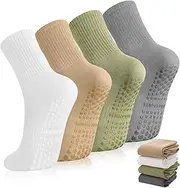 [Zuimei] Non Slip Yoga Socks for Women, 4 Pairs Pilates Socks with Grips Grippy Socks for Yoga Ballet Dance Workout Home Hospital 75% Cotton, Size UK3-6.5, Multicolour, One size