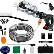 Battery Pressure Washer 21 V, Max 1000 PSI Portable Pressure Washer with 2 Batteries, Mobile Pressure Washer with 3.0 Ah Battery, 6-in-1 Multi-Spray Nozzle, 5 m Hose for Car, Home, Lawn, Garden, Fence