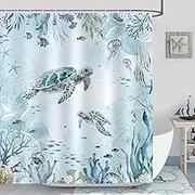 Bonhause Sea Turtle Shower Curtain Teal Blue Ocean Beach Coastal Bathroom Curtain 180 x 180 cm Waterproof Mildew & Mould Resistant Polyester Fabric Bath Curtain with 12 Hooks