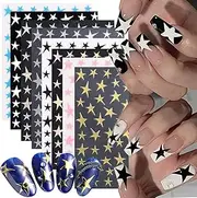 8 Sheets Star Nail Art Sticker 3D Shiny Glitters Starlight Nail Decals Holographic Irregular Pentagram Black White Pink Lase Stars Gold Design Decal Slider Nail Foil DIY Charms Manicure Decoration