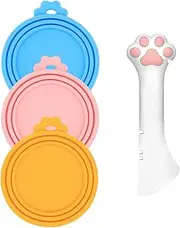 3 Pcs Pet Food Can Lids & Spoon | Cute Paw Shape Opener Spatula | Universal BPA Free Silicone Covers for Dog Cat Cans (Pink)