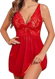[Zylphorix] Women Halter V Neck Mesh Nightgown Lingerie Lace Babydoll Slip Dress Mesh Floral Full Slip Bodysuit Sleepwear