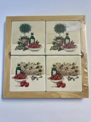 Ceramic ￼Tile Coaster Trivet In Wood Storage Tray Tomatoes Oil ￼ Bread Grapes