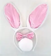 Bunny Kit White & Pink 3 Pc Eared Headband Tail & Satin Bow Tie OS