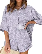 [Ekouaer] Pajama Sets Waffle Knit Women Short Sleeves Pjs Button Up Matching Sleepwear 2 Piece Lounge Sets