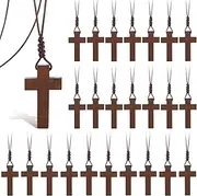 [Ecation] Wood Cross Necklace Bulk for Bible Verse Party Favor Wood Cross Pendant Necklace Wood Cross Crucifix on Cord