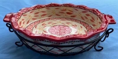 2 Pcs Temp-tations Old World Red Scalloped 9 Inch Pie Dish Pan with Basket NEW