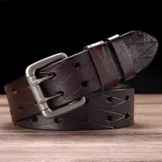 Men's Leather Double Prong Belt Classic Double Row Hole Belt Universal Hollowed Out Belt Jeans Men Waistband Belts for Men coffee 125cm