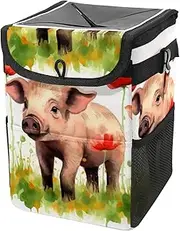 Car Trash Can with Lid and Storage Pockets Leak-Proof Organizer,Multipurpose Trash Bin for Car,Animal Pig Flower Pattern