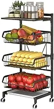 Blelsa 4-Tier Kitchen Carts On Wheels Adjustable Metal Large Ty Fruit Vegetable Storage Basket Pantry Utility Cart with Wooden Tabletop and Mesh Baskets for Black 3 Baskets and 1 Wood Tabletop