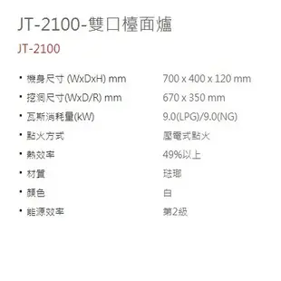 【金鶴居家生活館】喜特麗 JT-2100S/E (不鏽鋼/琺瑯)面板 二口 檯面爐 (全銅爐頭)