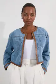 Plus Size Denim & Faux Leather Tipping Collarless Tailored Jacket