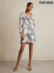Reiss Blue Megan Floral Print Gathered Cut Out Shirt Dress (F97732) | $465