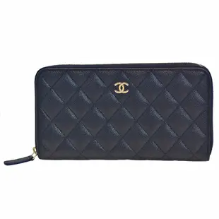 CHANEL 經典金色雙C LOGO菱格粒紋牛皮拉鍊長夾(深藍色)