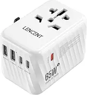 LENCENT International Travel Adapter, 65W GaN3 Universal Fast Charger with 2 USB A + 3 Type C PD, Worldwide Power Adaptor for Phones,Laptops, All in One Outlet Adaptor for EU/USA/UK/AU, White