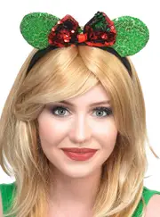 Sequinned Red and Green Ears and Bow Christmas Headband