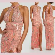 NWT Mac Duggal [ 4 ] 6030 High Neck Embellished Mesh Gown With Slit Coral #J937