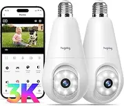 Hugolog - 3K Wireless Outdoor Security Light Bulbs, 2.4GHz Cameras for Home Security, Indoor with AI Sound Processing, Motion Detection, Night Vision