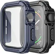 Mizi [2 Pack] Rugged Case with Built-in Tempered Glass Screen Protector for Apple Watch Series 8/7 45MM - Black/Blue