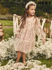 Pink/Gold Embroidered Sequin Long Sleeve Mesh Occasion Dress (4-14yrs) (E59776) | $103 - $116