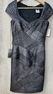 Tadashi Shoji Cocktail Dress Women M Grey Metallic Weave Beaded Party Event
