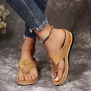 [HHZYT] Women's Arch Support Flip Flops with Flowers Comfortable Clip Toe Thong Wedges Sandals Casual Indoor Outdoor Walking Summer Beach Shoes,Brown,US4/EU35