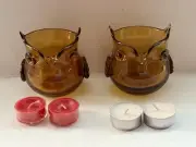 NEW SET 2 OWL SHAPED AMBER GLASS 3.5” X 3.5” CANDLE HOLDERS 4 FREE TEA LIGHTS