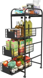 4 Tier Slim Rolling Cart with Drawers Pull-Out Design Corner Storage Shelf Organ