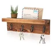 Rustic Key Holder for Wall, Farmhouse Wall Shelf with 4 Hooks, Brown - Pine