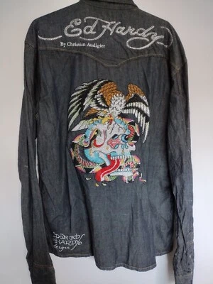 Ed Hardy Christian Audigier Denim Western Cowboy Embroidered Skull XXL new