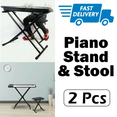 Adjustable Piano Stool Seat Portable Keyboard Stand Folding Bench Chair Seat SET