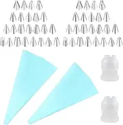 2 Piping Bag+48 Nozzles Tips+2 Converter Set, Stainless Steel Frosting Tips with Reusable Pastry Bag, Cake Decorating Supplies, Icing Piping Kit, DIY Kitchen Tool for Pastry Dough Cookie Cupcake (52)