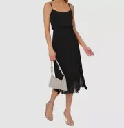 Aidan by Adrianna Papell Women Black Fold-Over Fringe-Hem Sheath Dress Size 4