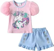 [VIKITA] Girls Cotton Outfits Sparkling Cute Cartton T Shirt Tank Top and Shorts Fashion Clothing Set for Summer