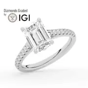 Emerald Solitaire Labgrown Diamond Engagement Ring 18k White Gold 3.40 Ct
