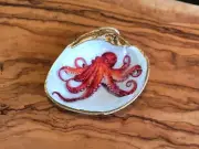 Octopus Decoupage Clam Shell - Gold and White Ring Dish, Painted Seashell Dish